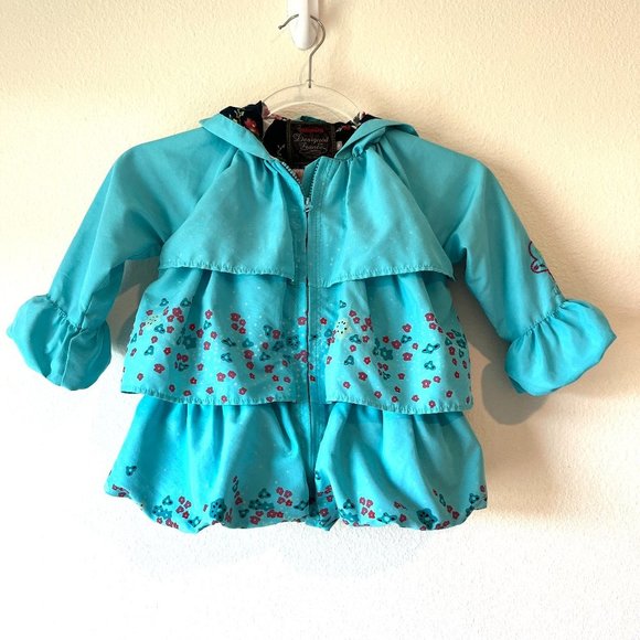 Catimini Desigual Kids Jacket Floral Tiered Ruffle Hooded Blue Girl's Size T2